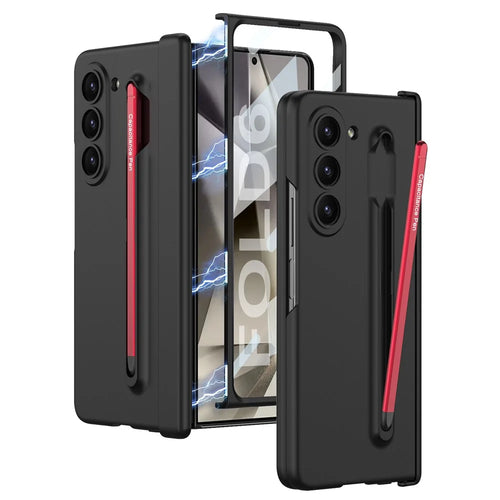 GKK For Samsung Galaxy Z Fold6 5G Case Magnetic Hinge Protector PC Phone Cover with Screen Film, Pencil - Black / Red - 1