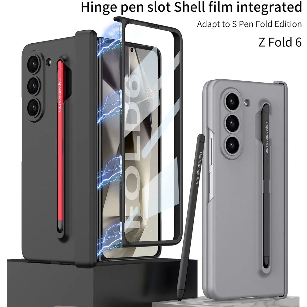 GKK For Samsung Galaxy Z Fold6 5G Case Magnetic Hinge Protector PC Phone Cover with Screen Film, Pencil - Black / Red - 2