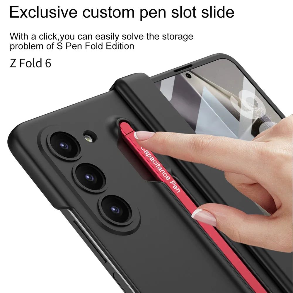 GKK For Samsung Galaxy Z Fold6 5G Case Magnetic Hinge Protector PC Phone Cover with Screen Film, Pencil - Black / Red - 3