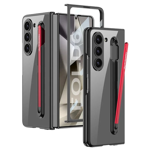 GKK For Samsung Galaxy Z Fold6 5G Case Electroplating PC Phone Cover with Screen Film, Pencil - Black / Red - 1
