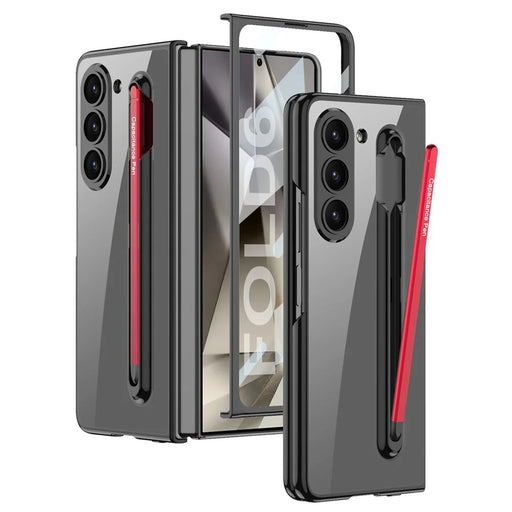GKK For Samsung Galaxy Z Fold6 5G Case Electroplating PC Phone Cover with Screen Film, Pencil - Black / Red - 1