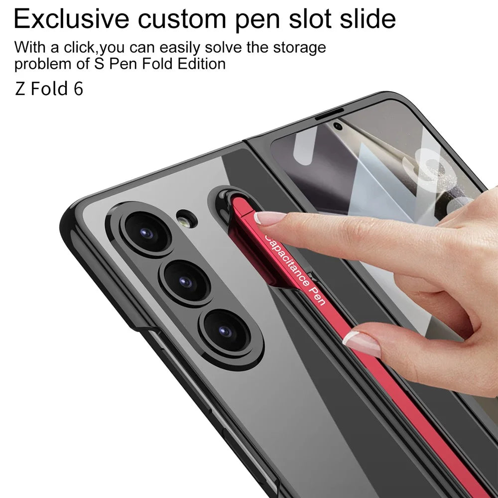 GKK For Samsung Galaxy Z Fold6 5G Case Electroplating PC Phone Cover with Screen Film, Pencil - Black / Red - 3