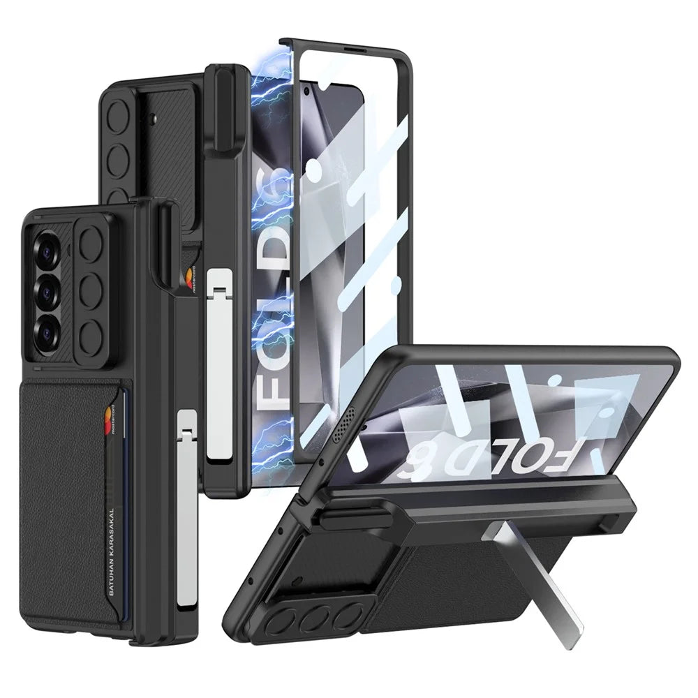 GKK For Samsung Galaxy Z Fold6 5G Case Magnetic Hinge Protection PC Phone Cover with Screen Film, Pencil Holder - Black - 1