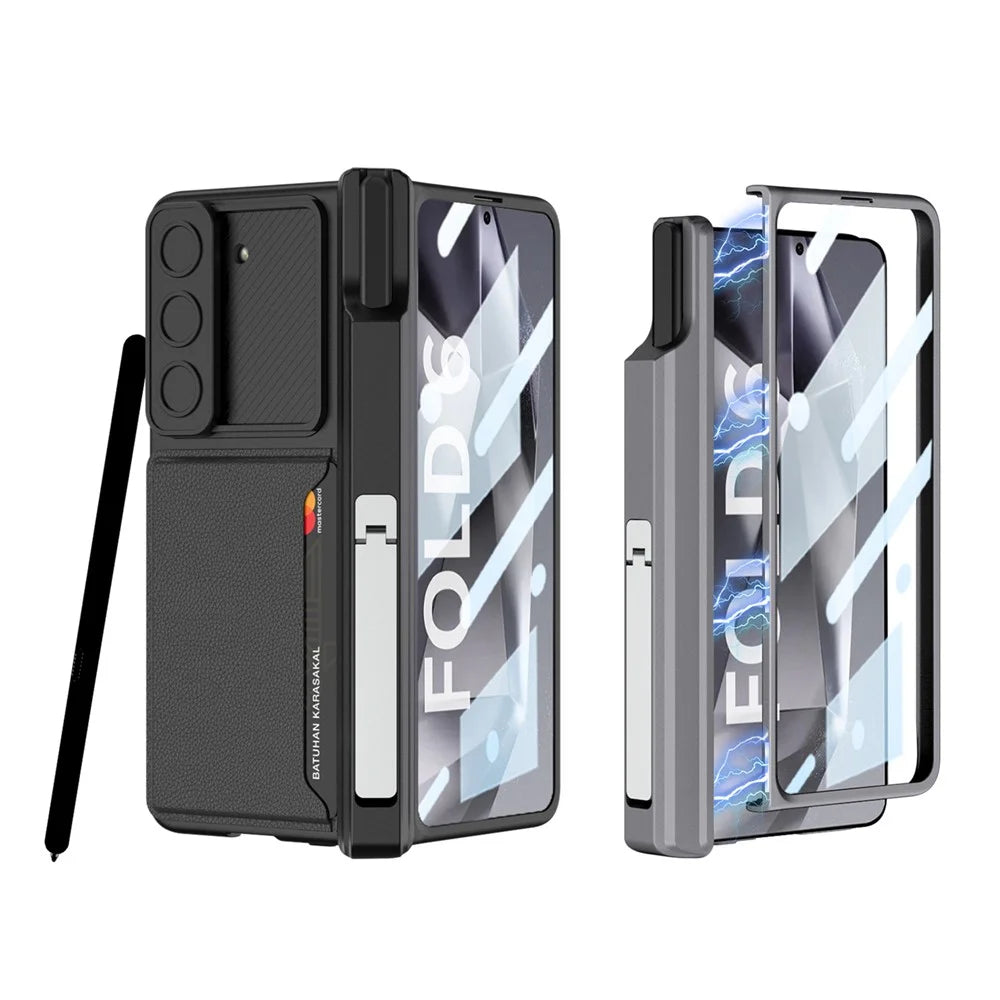 GKK For Samsung Galaxy Z Fold6 5G Case Magnetic Hinge Protection PC Phone Cover with Screen Film, Pencil Holder - Black - 7