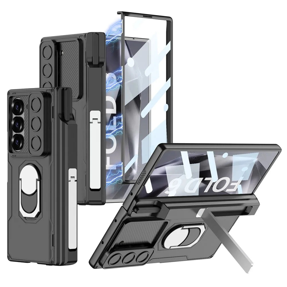 GKK For Samsung Galaxy Z Fold6 5G Kickstand Case Magnetic Hinge Protection PC Phone Cover with Screen Film - Black - 1