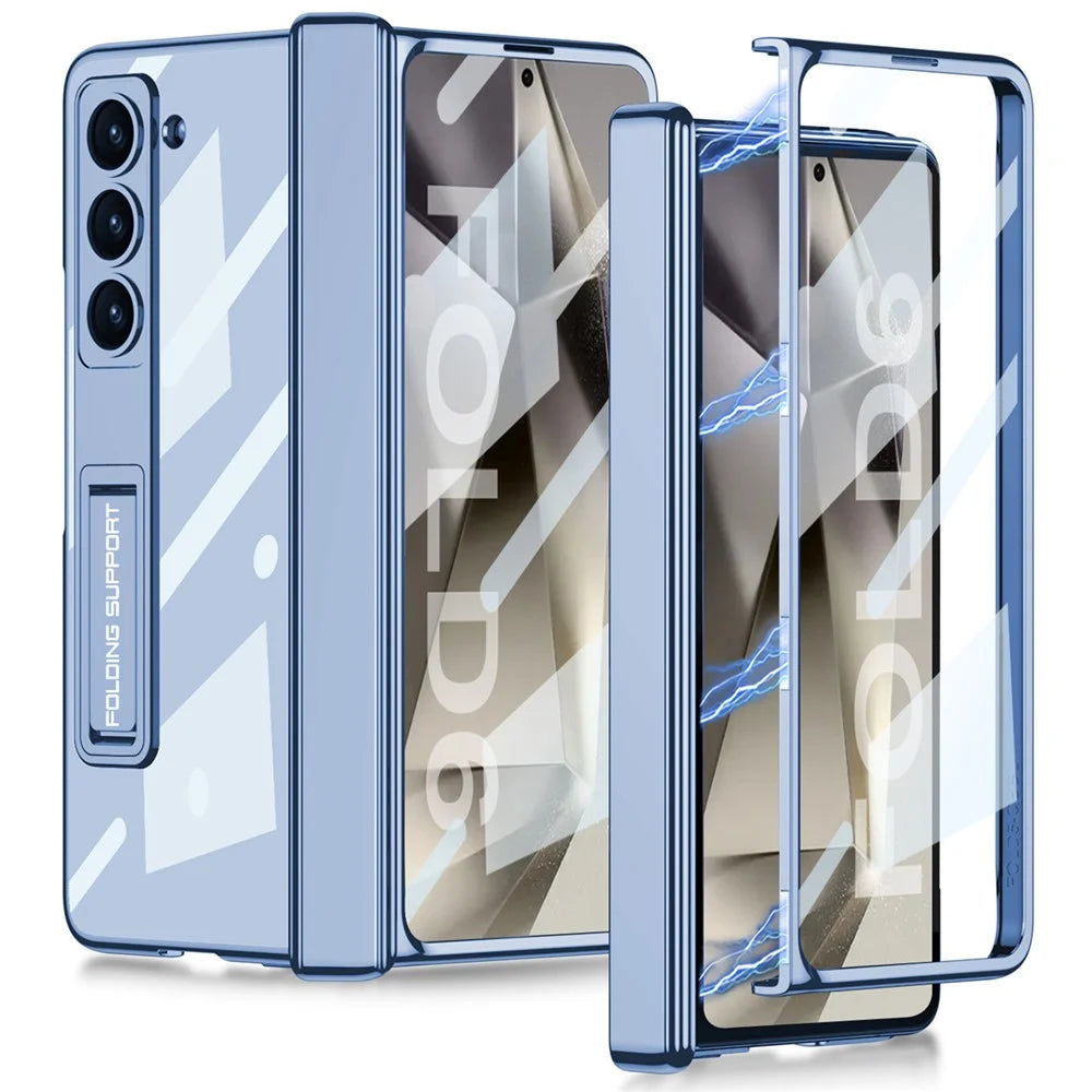 GKK For Samsung Galaxy Z Fold6 5G Case Electroplating Kickstand PC Phone Cover with Screen Film - Blue - 1