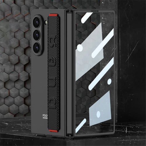 GKK For Samsung Galaxy Z Fold6 5G Case Band Strap Hard PC Phone Cover with Screen Film - Carbon Fiber - 1
