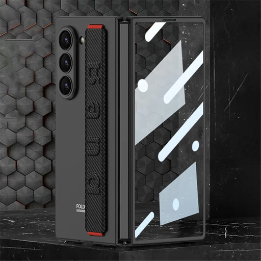 GKK For Samsung Galaxy Z Fold6 5G Case Band Strap Hard PC Phone Cover with Screen Film - Carbon Fiber - 1