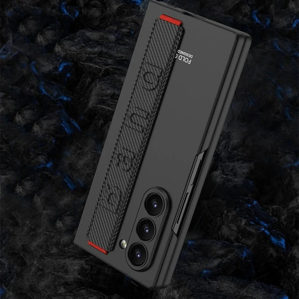 GKK For Samsung Galaxy Z Fold6 5G Case Band Strap Hard PC Phone Cover with Screen Film - Carbon Fiber - 2