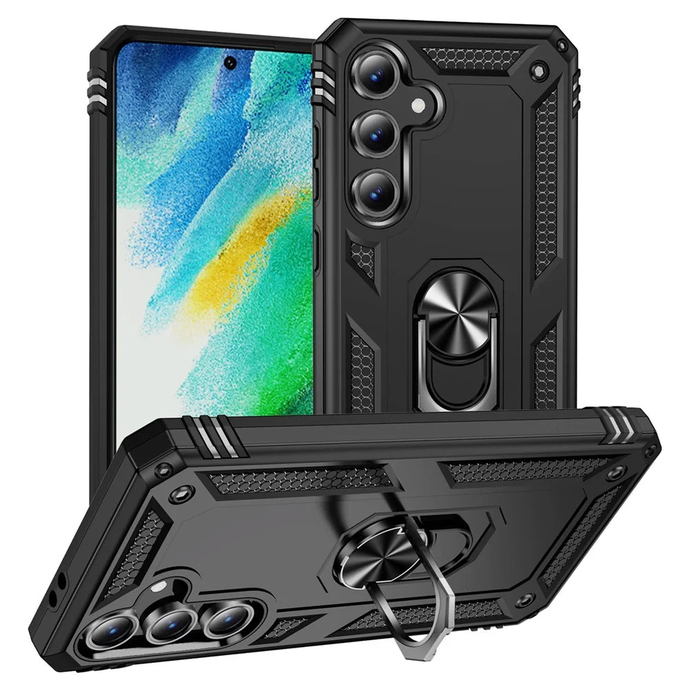 For Samsung Galaxy S24 FE Case PC+TPU Phone Cover with Rotary Ring Kickstand - Black - 1