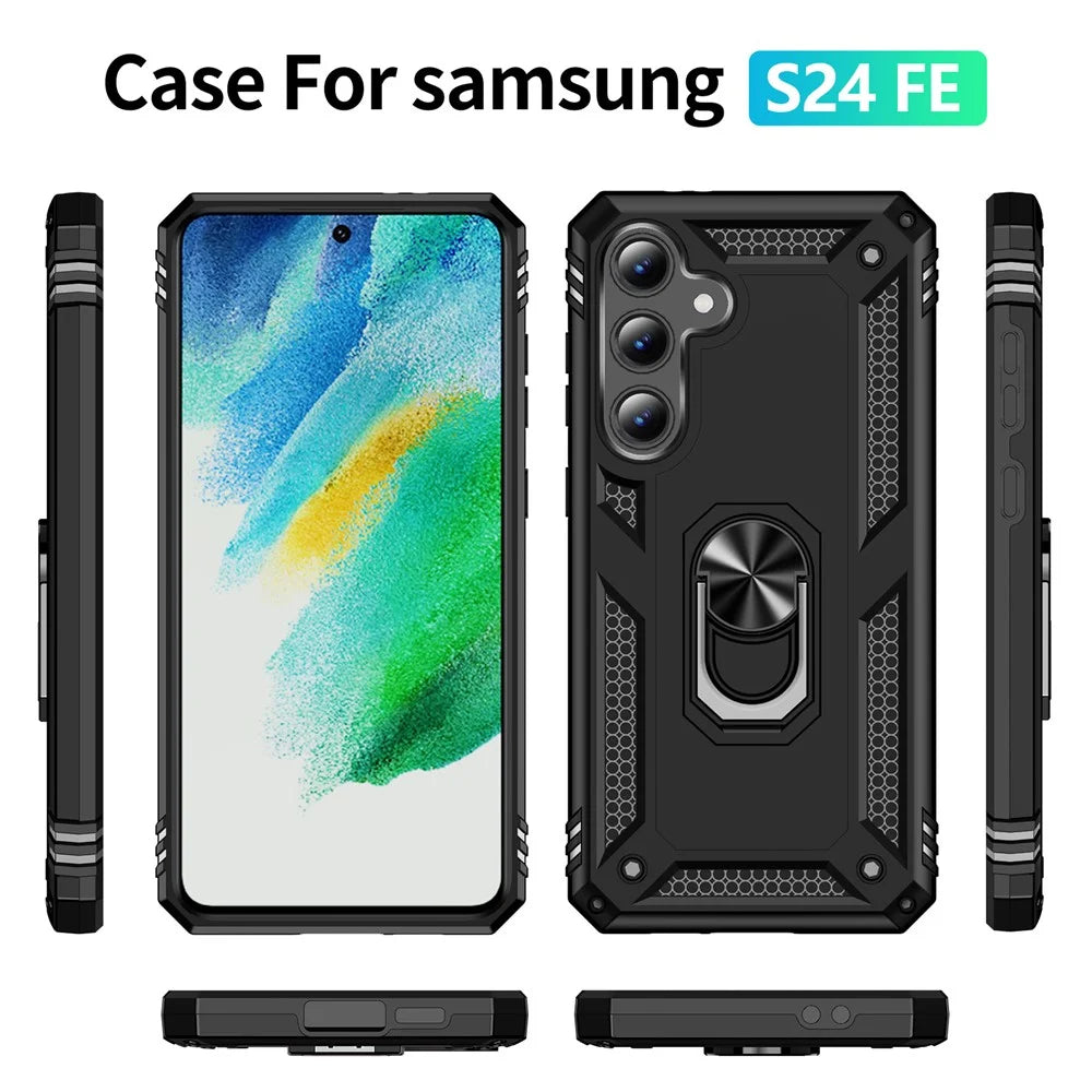 For Samsung Galaxy S24 FE Case PC+TPU Phone Cover with Rotary Ring Kickstand - Black - 5