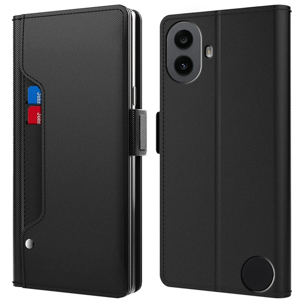 For Nothing CMF Phone 1 Case Stand PU Leather Phone Cover Card Holder Mirror - Black - 1