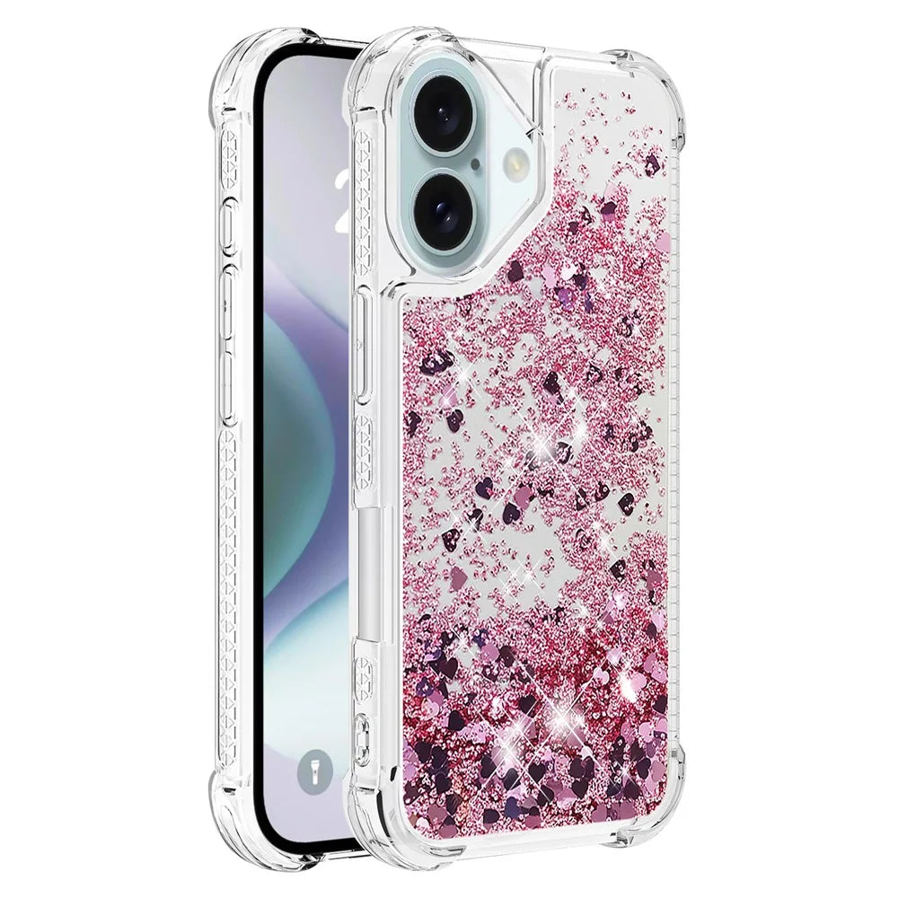 For iPhone 16 Plus TPU Case Glitter Quicksand Shockproof Phone Back Cover - Rose Gold  /  Hearts - 1