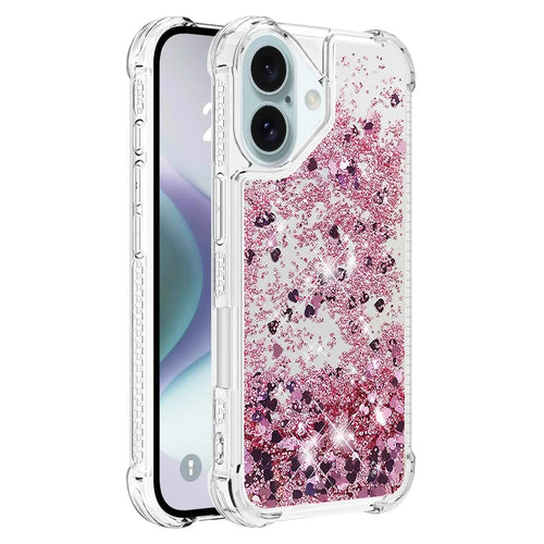 For iPhone 16 Plus TPU Case Glitter Quicksand Shockproof Phone Back Cover - Rose Gold  /  Hearts - 1