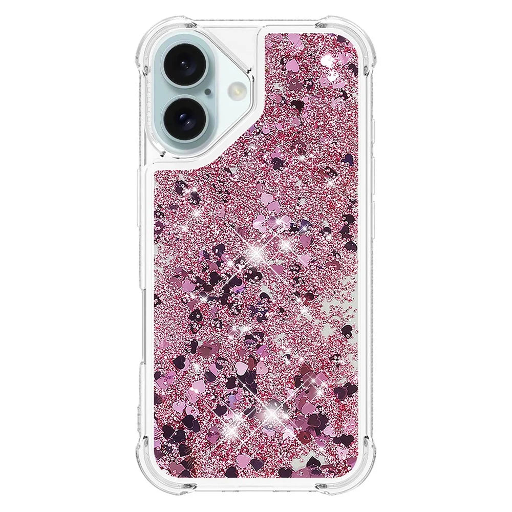 For iPhone 16 Plus TPU Case Glitter Quicksand Shockproof Phone Back Cover - Rose Gold  /  Hearts - 2