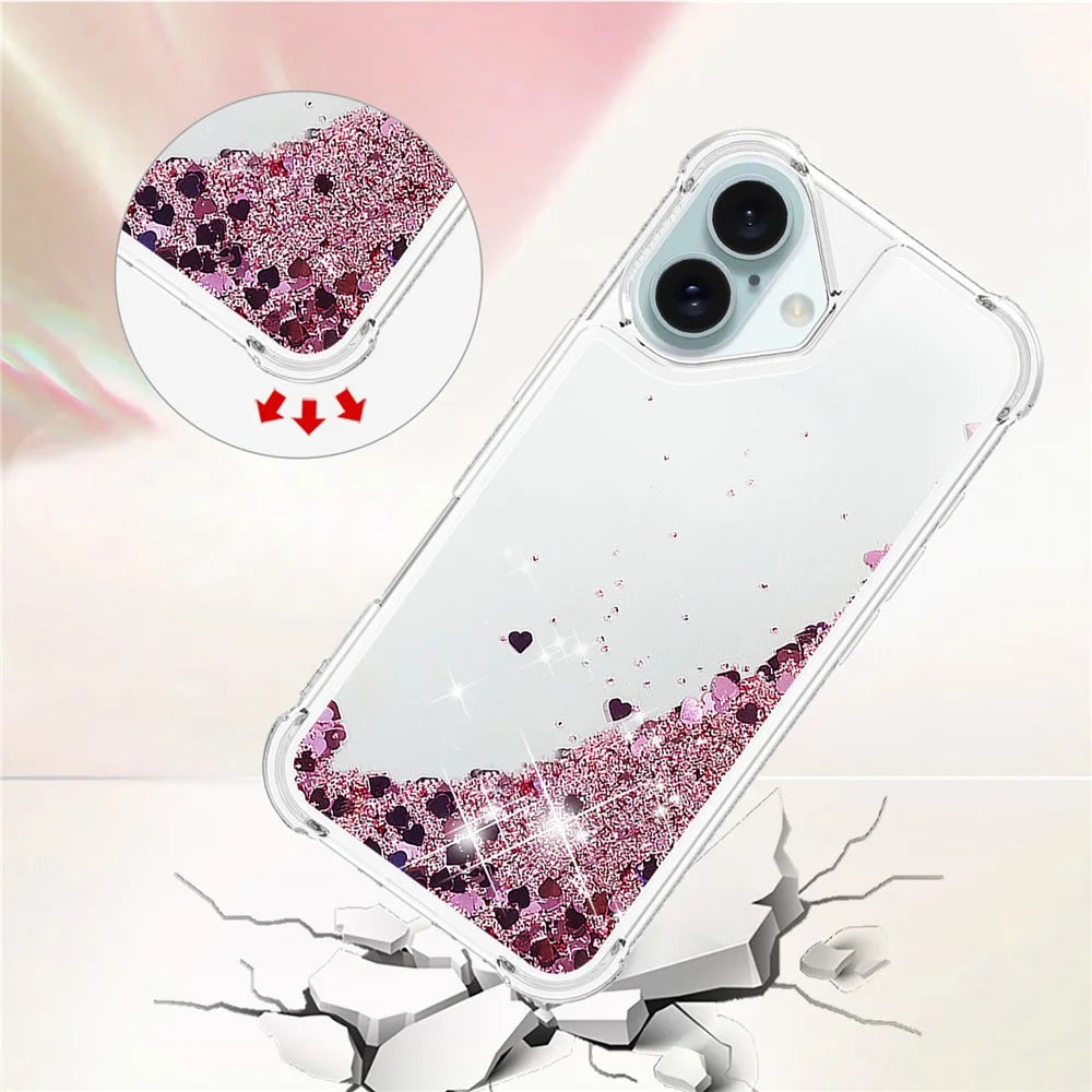 For iPhone 16 Plus TPU Case Glitter Quicksand Shockproof Phone Back Cover - Rose Gold  /  Hearts - 3