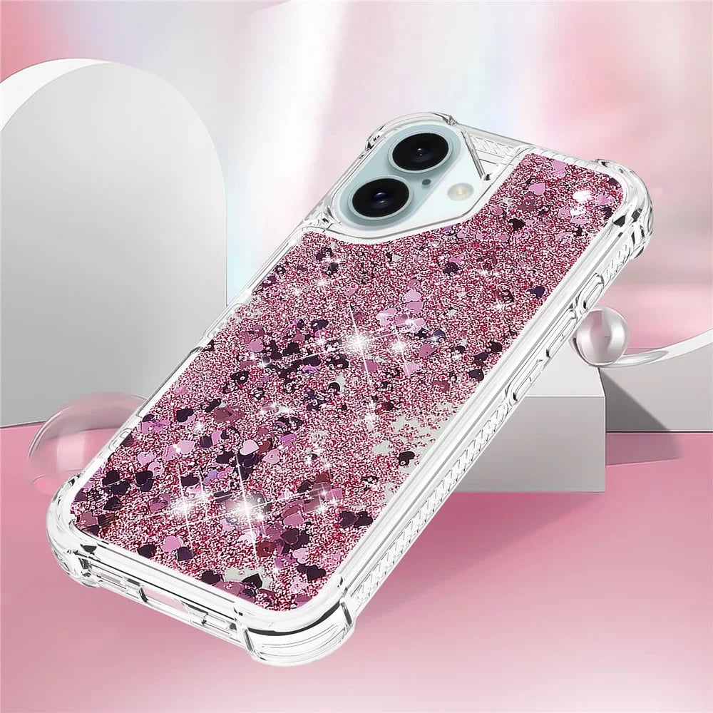 For iPhone 16 Plus TPU Case Glitter Quicksand Shockproof Phone Back Cover - Rose Gold  /  Hearts - 4