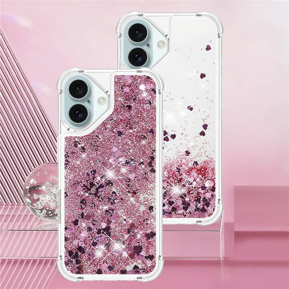 For iPhone 16 Plus TPU Case Glitter Quicksand Shockproof Phone Back Cover - Rose Gold  /  Hearts - 6