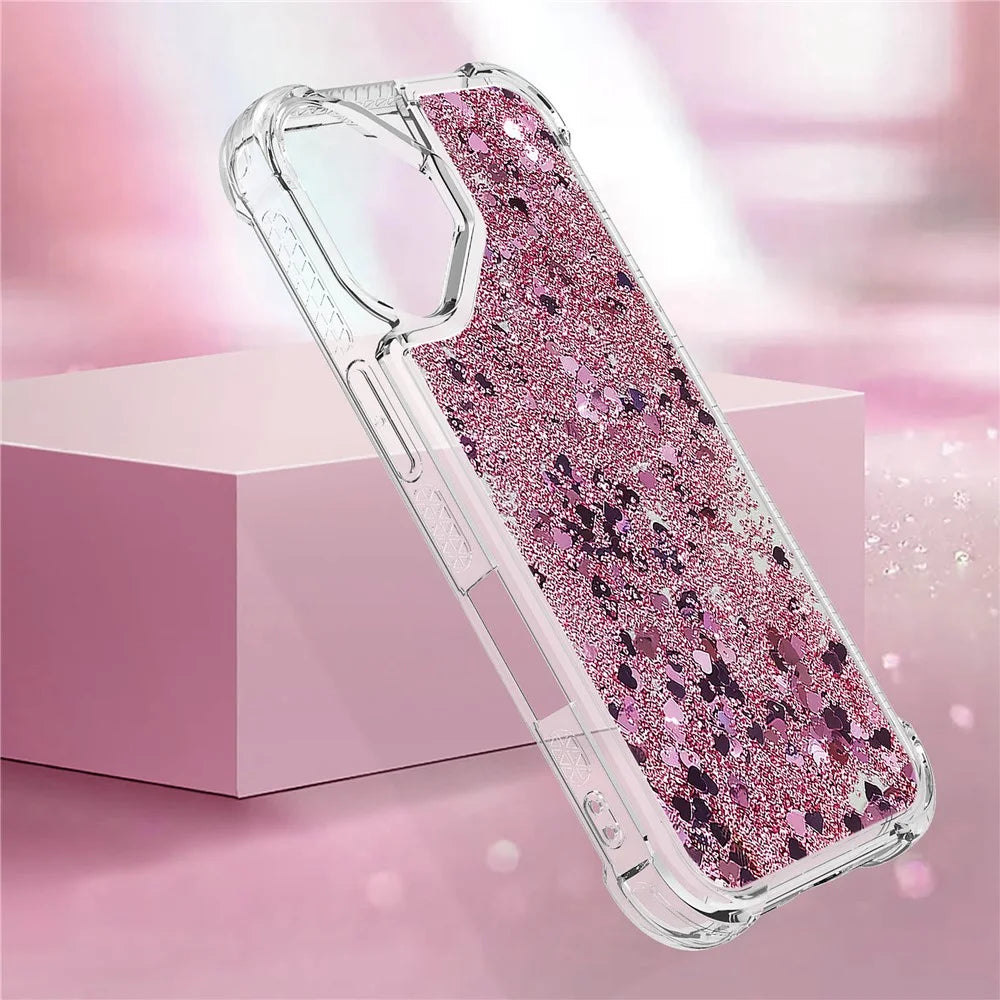 For iPhone 16 TPU Case Glitter Quicksand Shockproof Phone Back Cover - Rose Gold  /  Hearts - 5