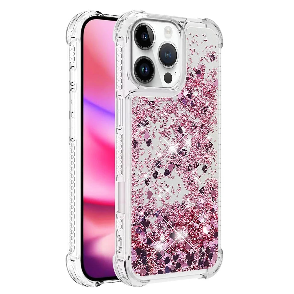For iPhone 16 Pro Max TPU Case Glitter Quicksand Shockproof Phone Back Cover - Rose Gold  /  Hearts - 1