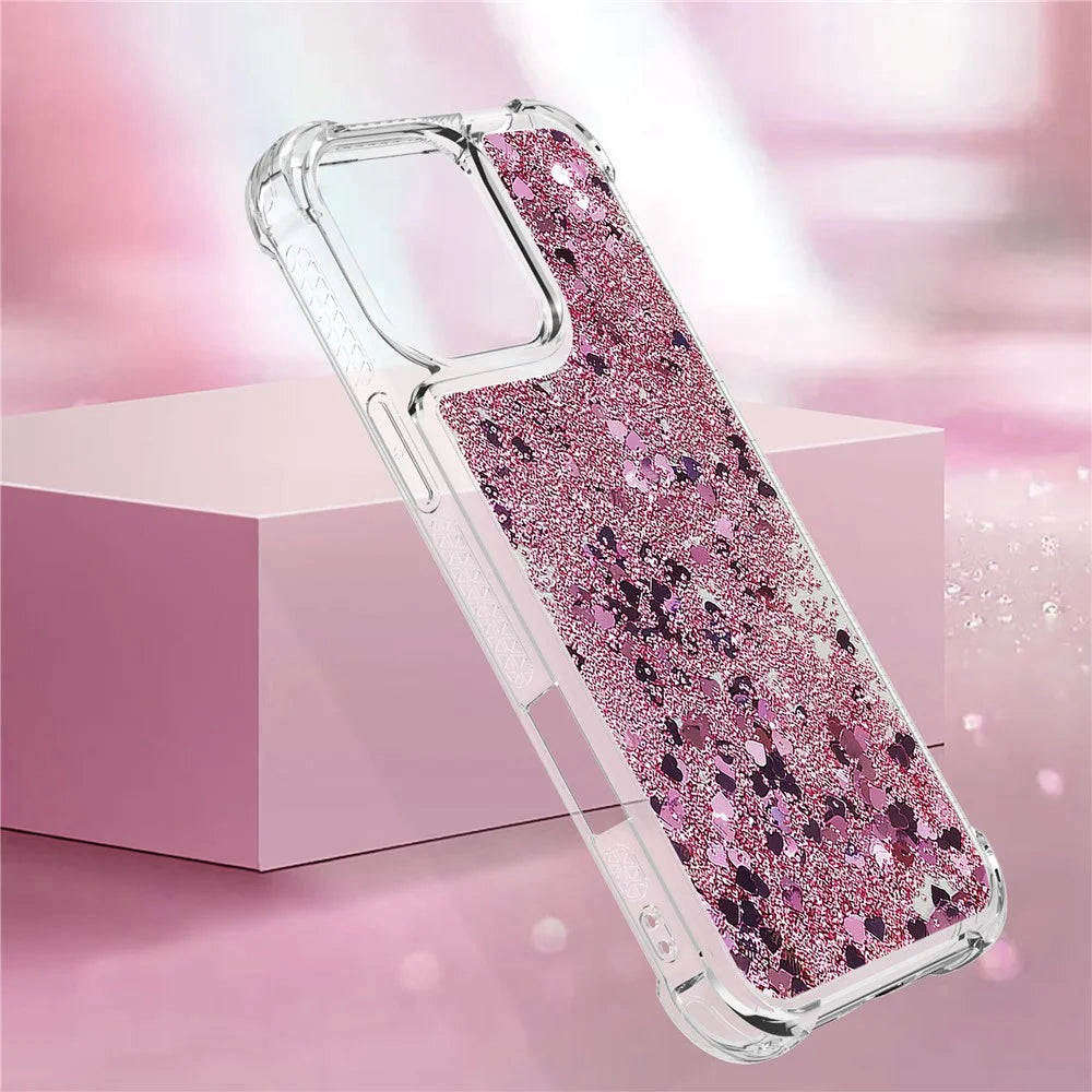 For iPhone 16 Pro Max TPU Case Glitter Quicksand Shockproof Phone Back Cover - Rose Gold  /  Hearts - 5