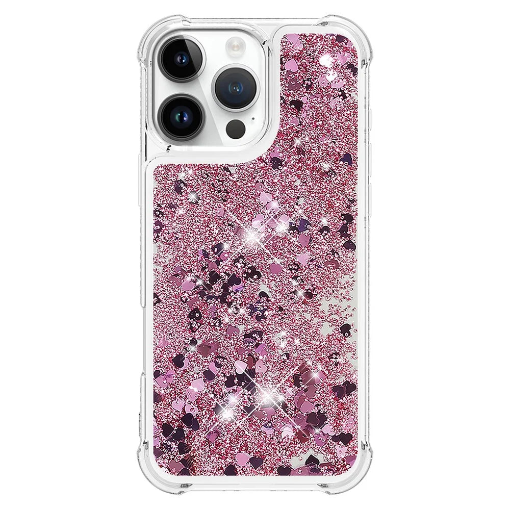 For iPhone 16 Pro TPU Case Glitter Quicksand Shockproof Phone Back Cover - Rose Gold  /  Hearts - 2