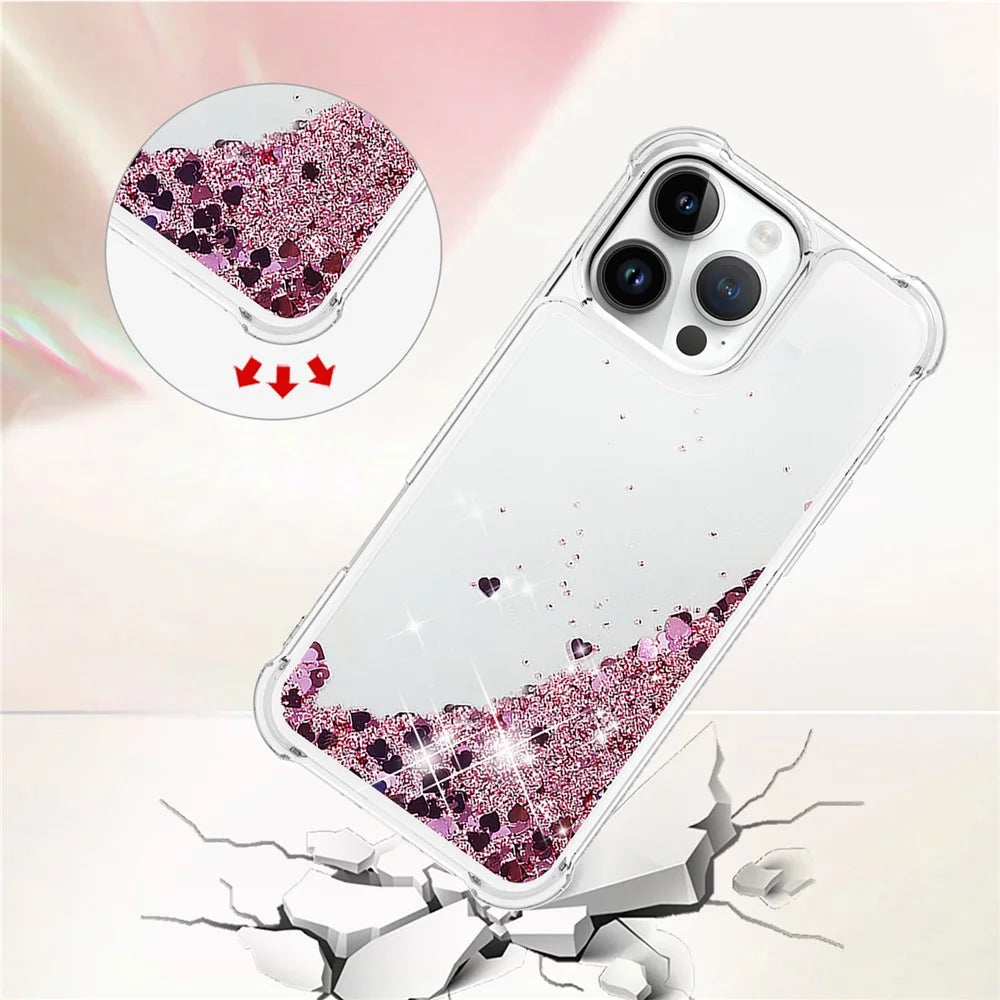 For iPhone 16 Pro TPU Case Glitter Quicksand Shockproof Phone Back Cover - Rose Gold  /  Hearts - 3