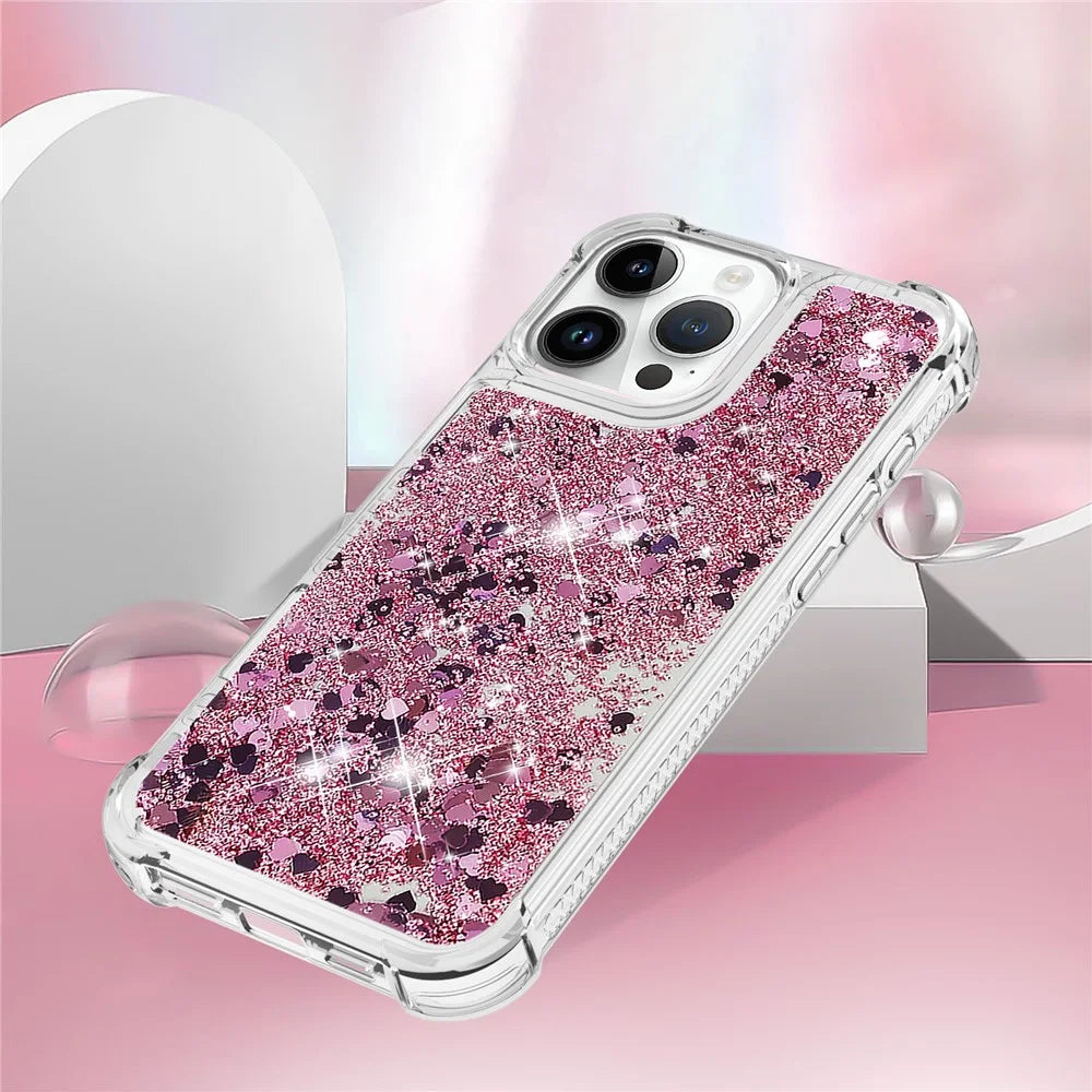 For iPhone 16 Pro TPU Case Glitter Quicksand Shockproof Phone Back Cover - Rose Gold  /  Hearts - 4
