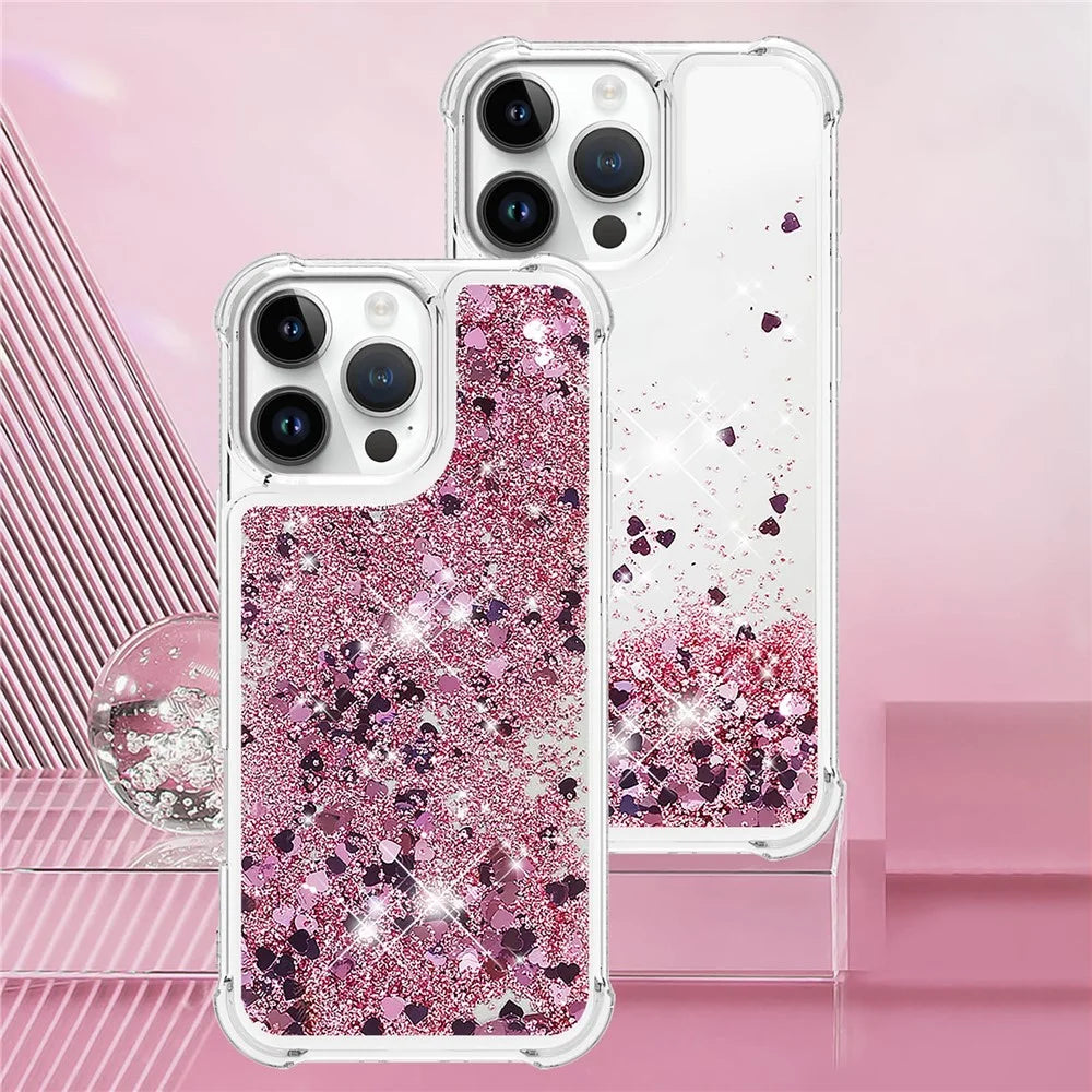 For iPhone 16 Pro TPU Case Glitter Quicksand Shockproof Phone Back Cover - Rose Gold  /  Hearts - 6