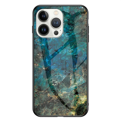 For iPhone 16 Pro Case Marble Pattern Tempered Glass + PC + TPU Protective Phone Cover - Emerald Marble - 1