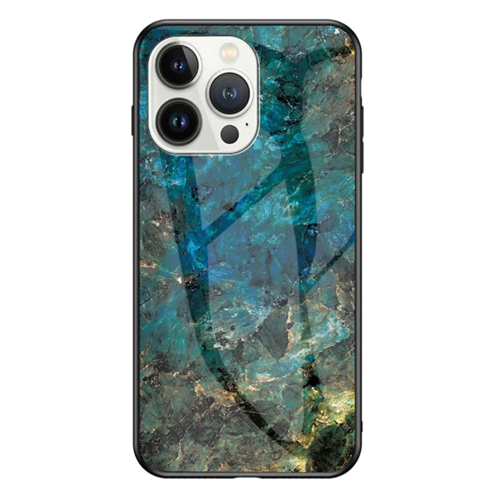 For iPhone 16 Pro Case Marble Pattern Tempered Glass + PC + TPU Protective Phone Cover - Emerald Marble - 1