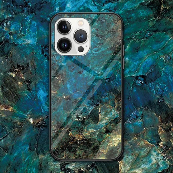 For iPhone 16 Pro Case Marble Pattern Tempered Glass + PC + TPU Protective Phone Cover - Emerald Marble - 2