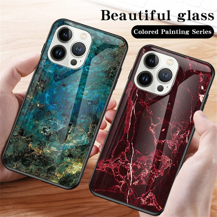 For iPhone 16 Pro Case Marble Pattern Tempered Glass + PC + TPU Protective Phone Cover - Emerald Marble - 7