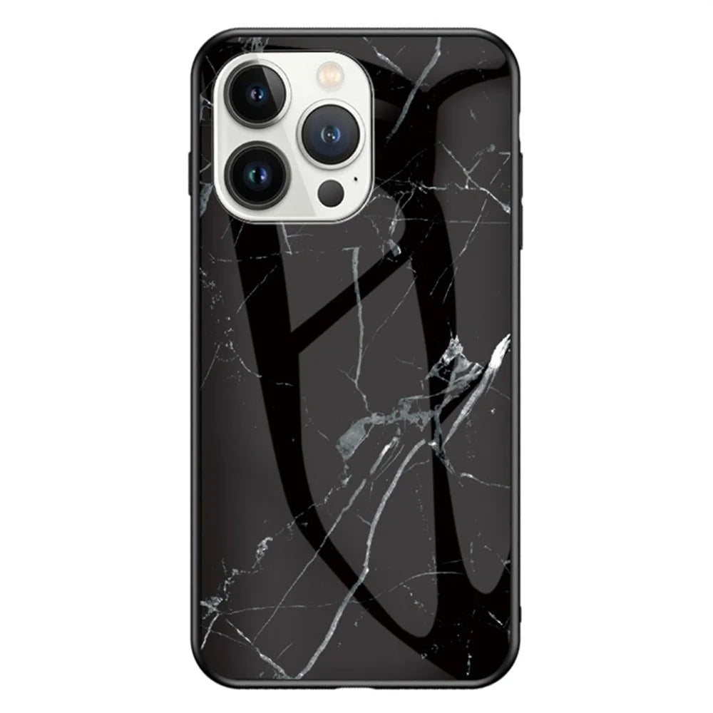 For iPhone 16 Pro Max Case Marble Pattern Tempered Glass + PC + TPU Protective Phone Cover - Black Marble - 1