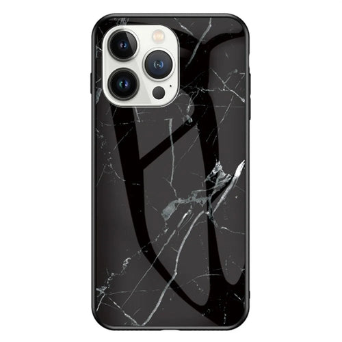 For iPhone 16 Pro Max Case Marble Pattern Tempered Glass + PC + TPU Protective Phone Cover - Black Marble - 1