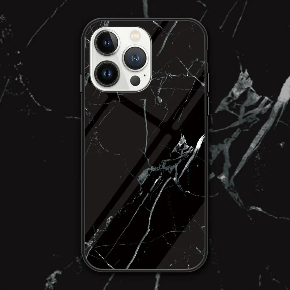 For iPhone 16 Pro Max Case Marble Pattern Tempered Glass + PC + TPU Protective Phone Cover - Black Marble - 2