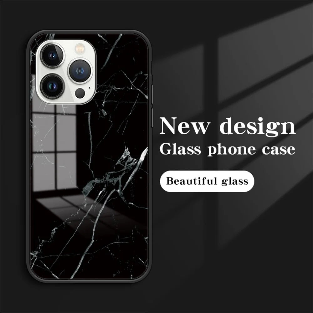For iPhone 16 Pro Max Case Marble Pattern Tempered Glass + PC + TPU Protective Phone Cover - Black Marble - 3