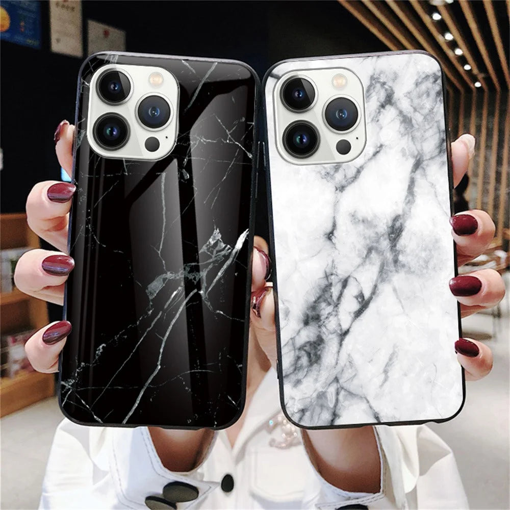 For iPhone 16 Pro Max Case Marble Pattern Tempered Glass + PC + TPU Protective Phone Cover - Black Marble - 7
