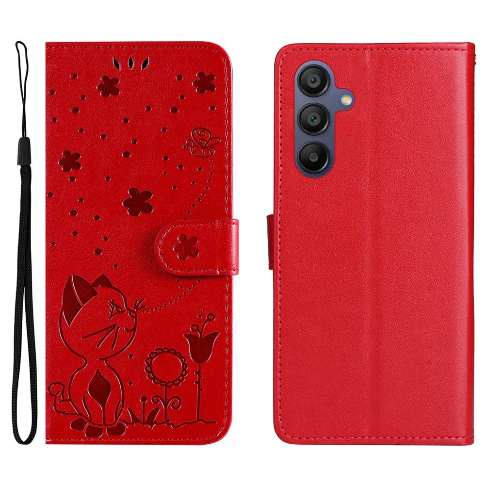 For Samsung Galaxy A26 5G / A16 5G / A16 4G Leather Case Cat Bee Pattern Phone Cover Wallet Stand with Strap - Red - 1