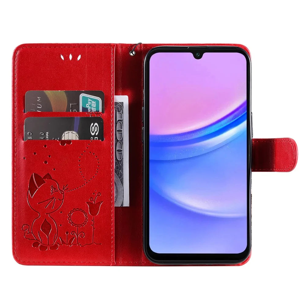 For Samsung Galaxy A26 5G / A16 5G / A16 4G Leather Case Cat Bee Pattern Phone Cover Wallet Stand with Strap - Red - 2