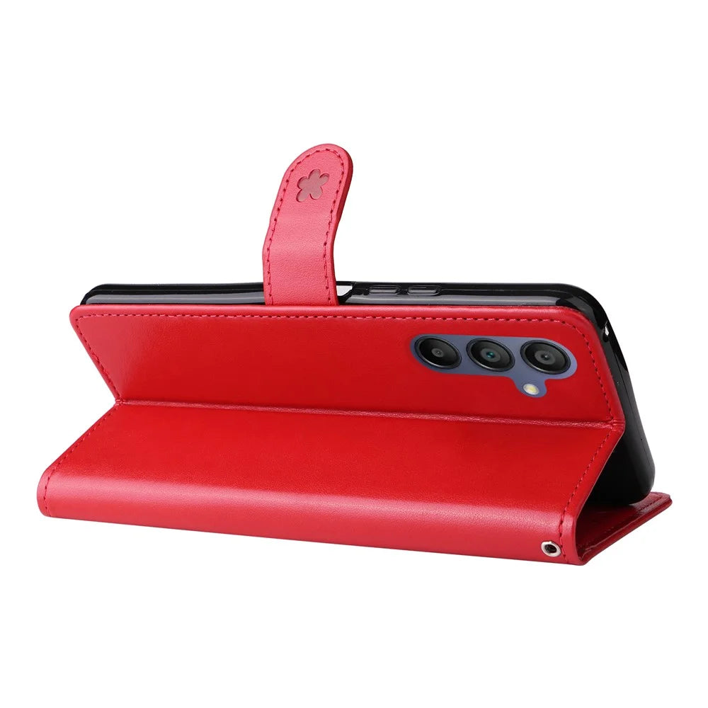 For Samsung Galaxy A26 5G / A16 5G / A16 4G Leather Case Cat Bee Pattern Phone Cover Wallet Stand with Strap - Red - 4