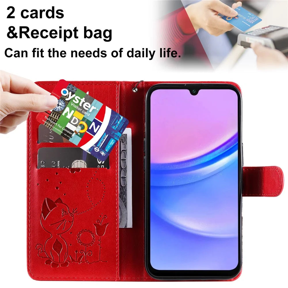 For Samsung Galaxy A26 5G / A16 5G / A16 4G Leather Case Cat Bee Pattern Phone Cover Wallet Stand with Strap - Red - 5