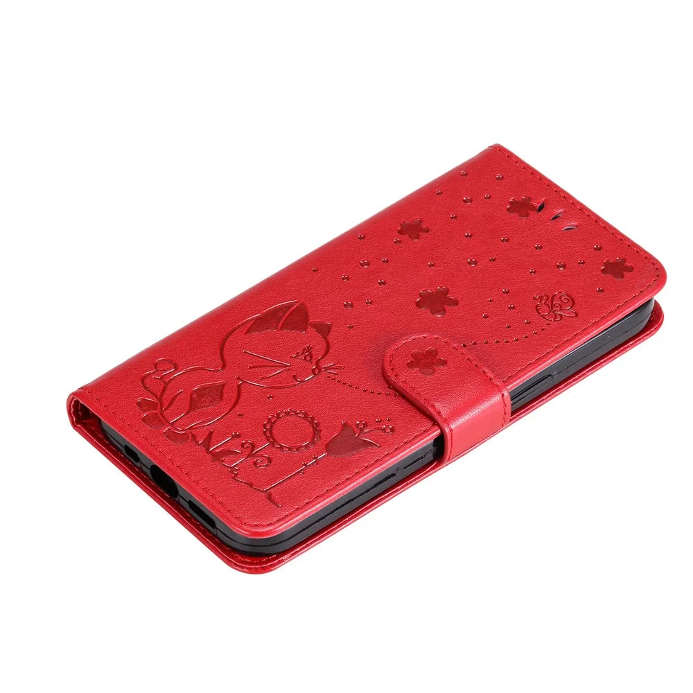 For Samsung Galaxy A26 5G / A16 5G / A16 4G Leather Case Cat Bee Pattern Phone Cover Wallet Stand with Strap - Red - 6