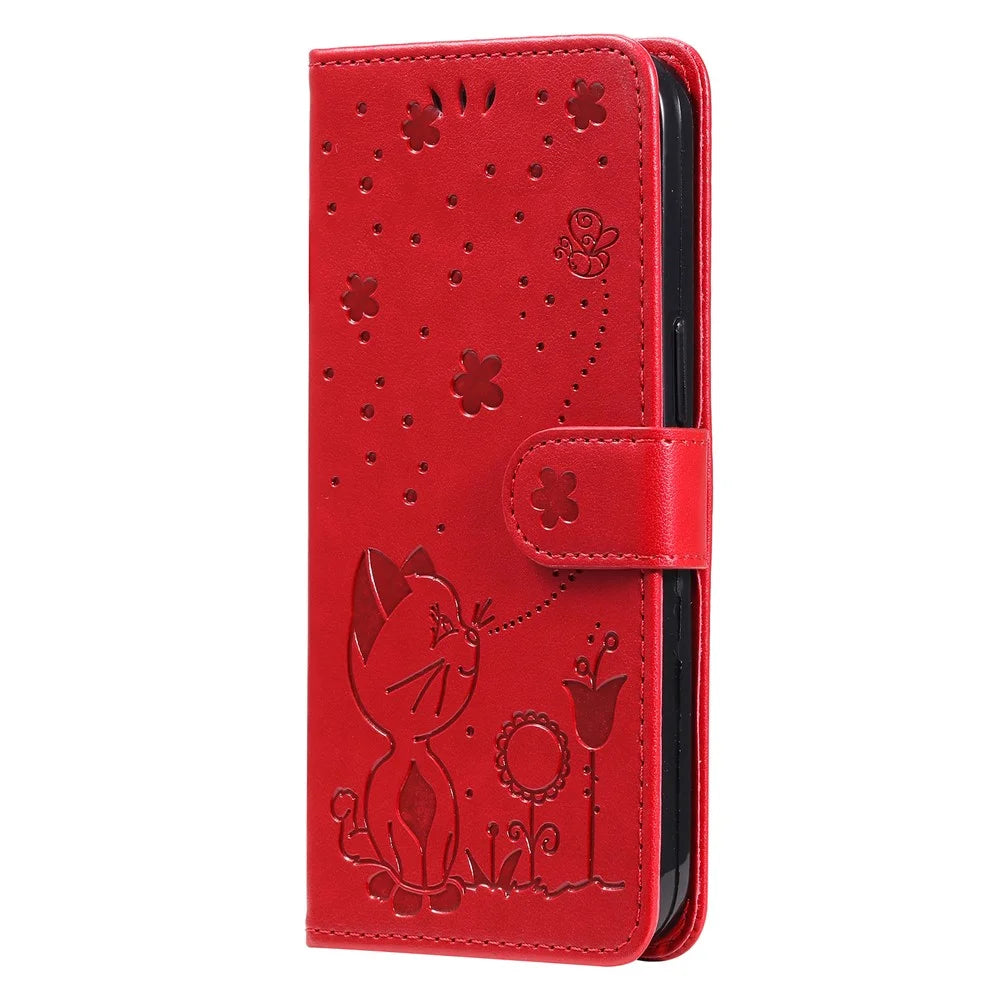 For Samsung Galaxy A26 5G / A16 5G / A16 4G Leather Case Cat Bee Pattern Phone Cover Wallet Stand with Strap - Red - 7