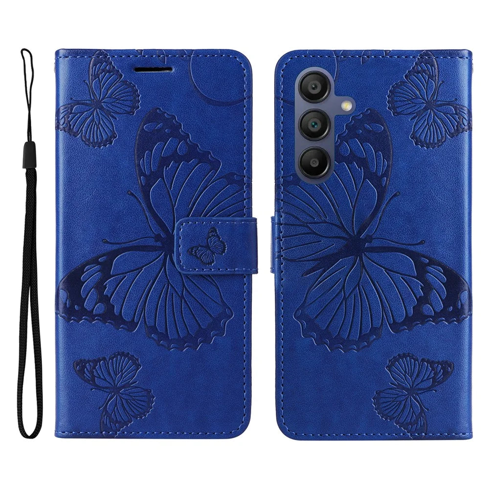 For Samsung Galaxy A18 5G / A17 5G / A17 4G / A26 5G / A16 5G / A16 4G Wallet Case Floral Butterfly Imprinted Leather Phone Cover Stand - Blue - 1