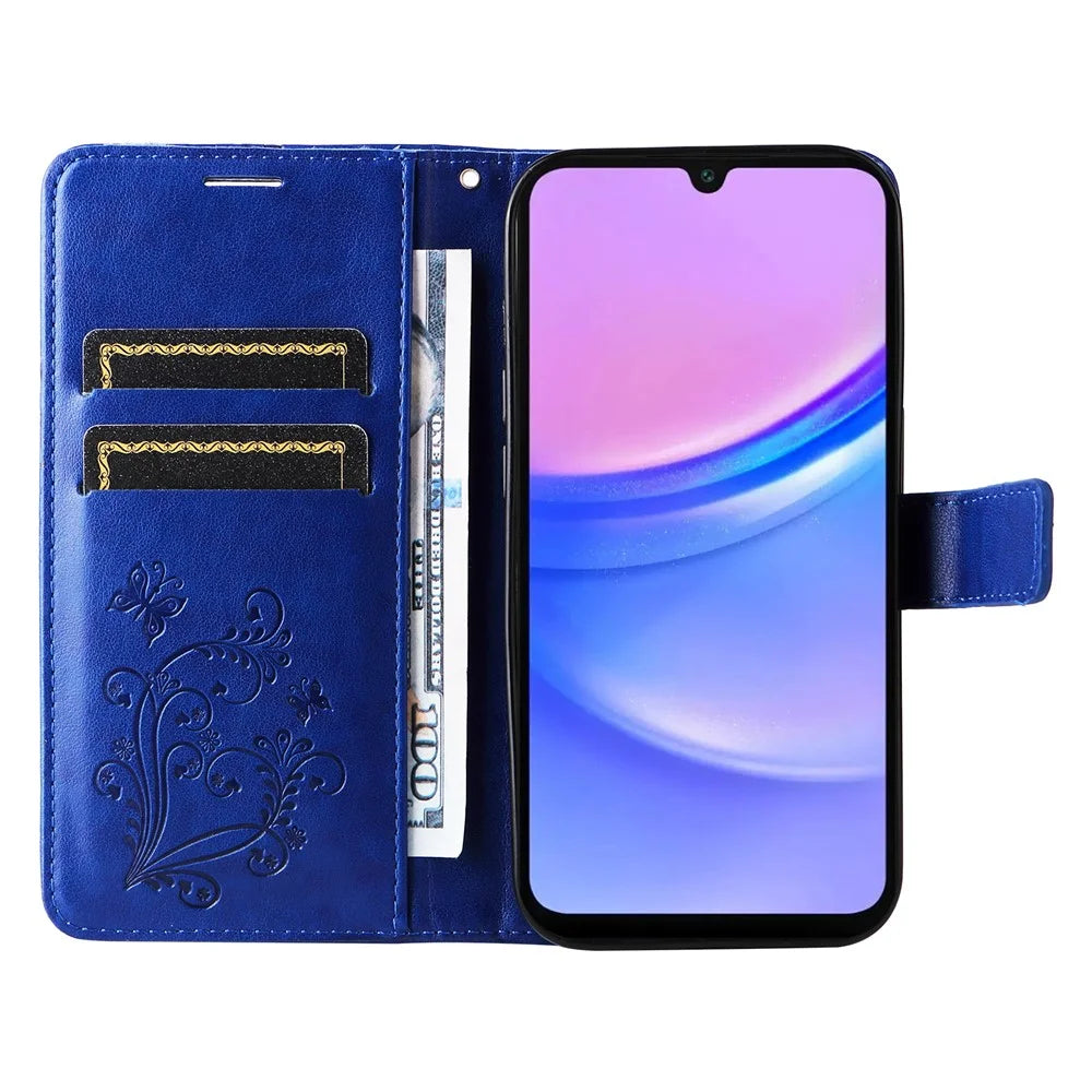For Samsung Galaxy A18 5G / A17 5G / A17 4G / A26 5G / A16 5G / A16 4G Wallet Case Floral Butterfly Imprinted Leather Phone Cover Stand - Blue - 2
