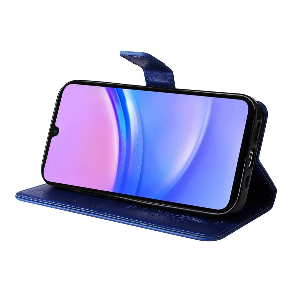For Samsung Galaxy A18 5G / A17 5G / A17 4G / A26 5G / A16 5G / A16 4G Wallet Case Floral Butterfly Imprinted Leather Phone Cover Stand - Blue - 3