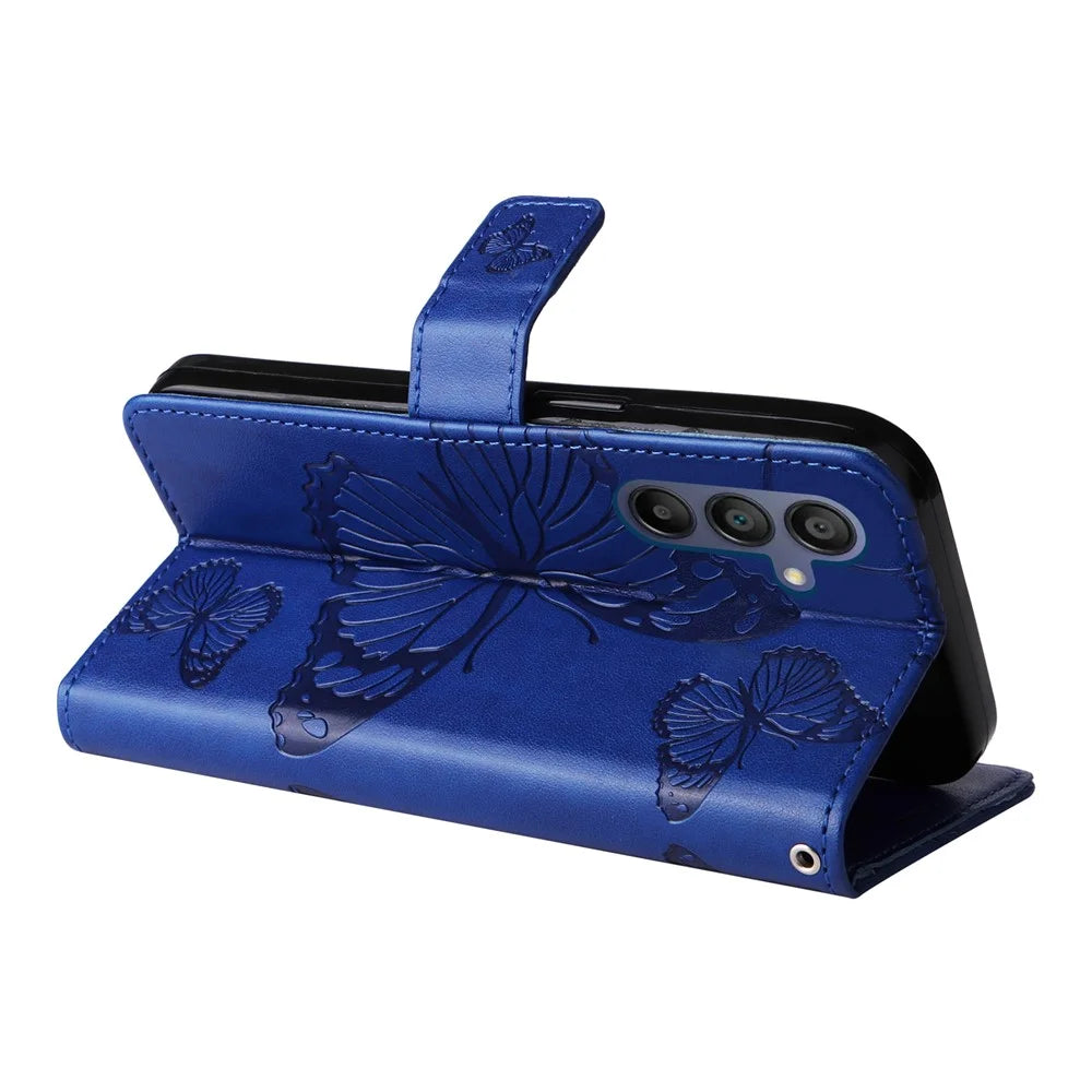 For Samsung Galaxy A18 5G / A17 5G / A17 4G / A26 5G / A16 5G / A16 4G Wallet Case Floral Butterfly Imprinted Leather Phone Cover Stand - Blue - 4
