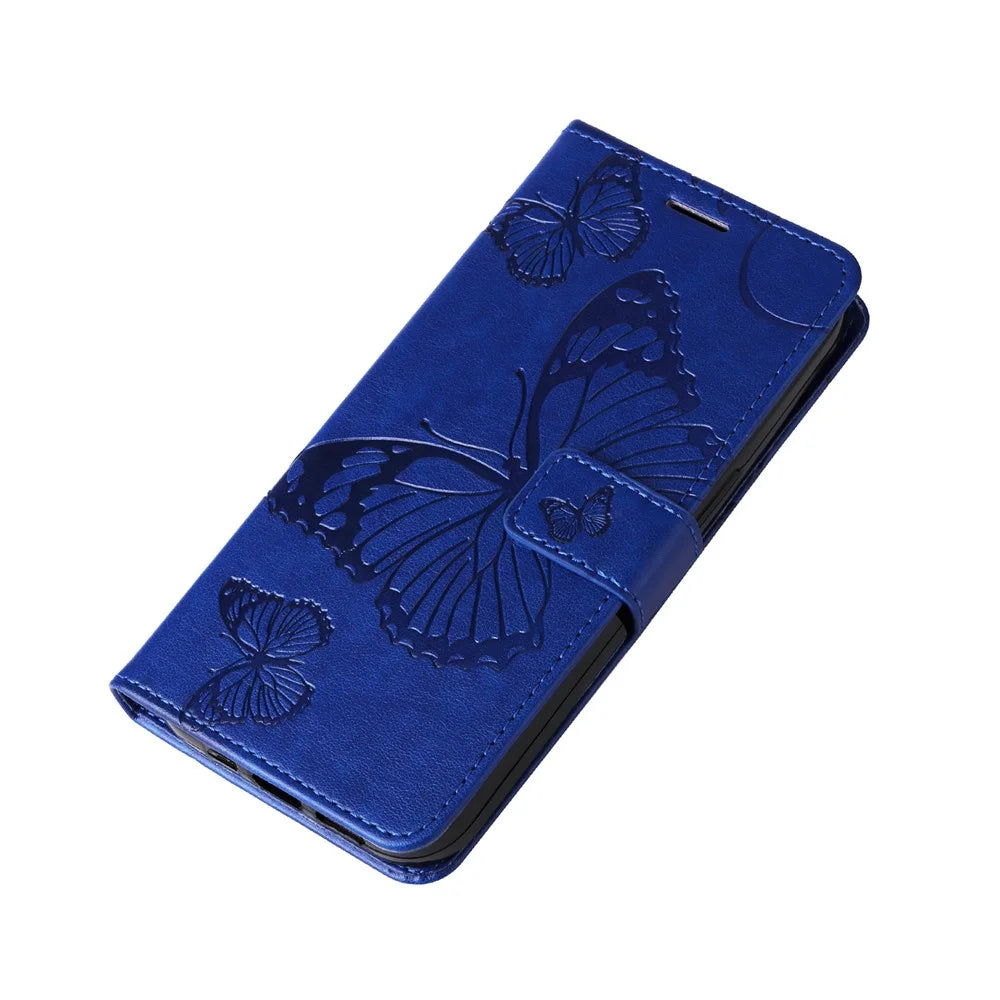 For Samsung Galaxy A18 5G / A17 5G / A17 4G / A26 5G / A16 5G / A16 4G Wallet Case Floral Butterfly Imprinted Leather Phone Cover Stand - Blue - 5