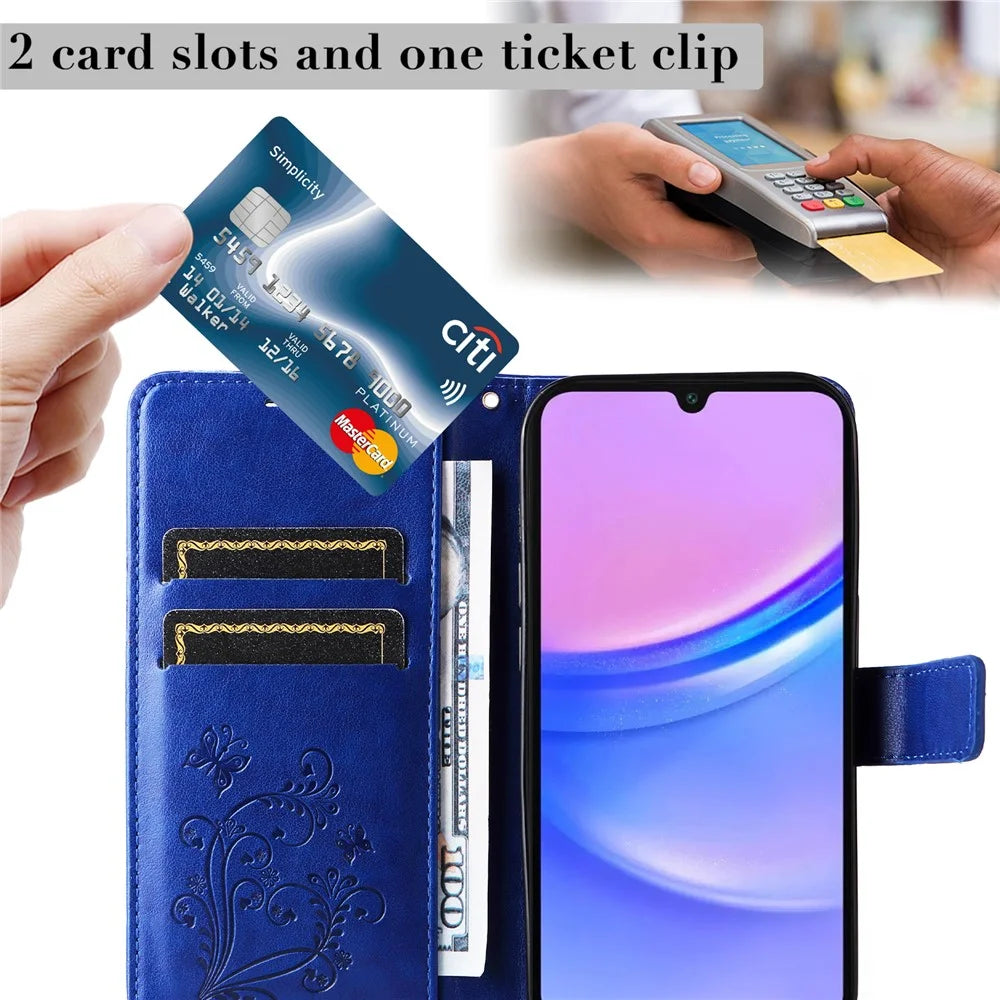For Samsung Galaxy A18 5G / A17 5G / A17 4G / A26 5G / A16 5G / A16 4G Wallet Case Floral Butterfly Imprinted Leather Phone Cover Stand - Blue - 6